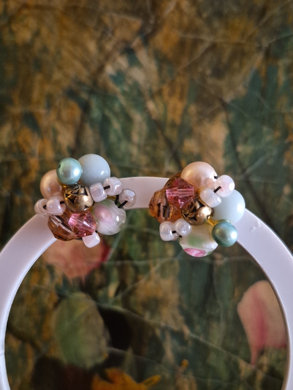 Vintage Handcrafted Multi Beaded Pastel Copper Pearl Mix Cluster Earrings